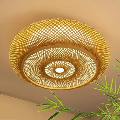 Image de Plafonnier Bambou Rotin LED Dimmable Avec Télécommande En Bois Lampe Tissé À La Main Naturel 40w Rétro Rond Lampes Plafond Pour Chambre Salon Couloir,40cm