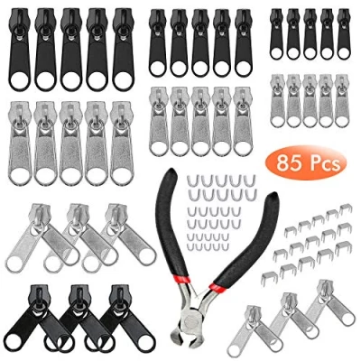Image de 85 Pcs Remplacement Zip Curseur fermeture Eclair, Kit de Réparation avec Mini pinces, à Glissière pour Vêtement,Sac,Vestes, Tentes, Bagages