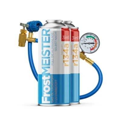 Image de FrostMEISTER Kit de recharge 3 en 1 pour climatiseur voiture R134a (1995 2016) 2 canettes 400 ml et tuyau avec manomètre Remplacement du réfrigérant, l&#039;huile mastic Utilisation