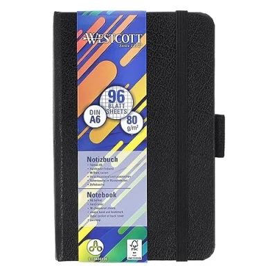 Image de Westcott Carnet de notes DIN A6 quadrillé 192 pages dans une couverture cartonnée élégante 80 g/m² papier durable FSC Mix avec poche intérieure, marque page et porte stylo E 744843 00