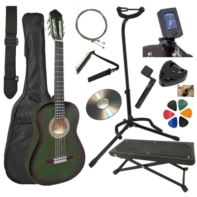 Image de AMROVA Pack Guitare Classique 4/4 (Adulte) Support + Repose Pied 9 Accessoires Cour Vidéo et CD (Vert)