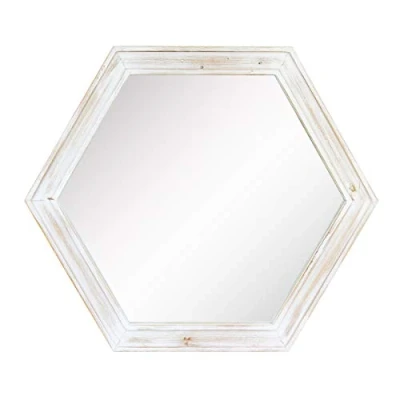 Image de Stonebriar Miroir Mural Hexagonal décoratif à Suspendre avec Cadre en Bois Peint Blanc usé et Support de Suspension attaché 61 cm
