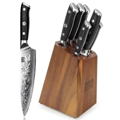Image de SHAN ZU Bloc de Couteaux Cuisine Damas, 7 pièces Set Damas avec Aiguiseur, Couteau Chef Acier Japonais, Manche G10 PRO Series