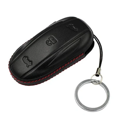 Image de M.JVisun Véritable Cuir Clef Coque Porte clés pour Tesla Model X Clé de Voiture Noir