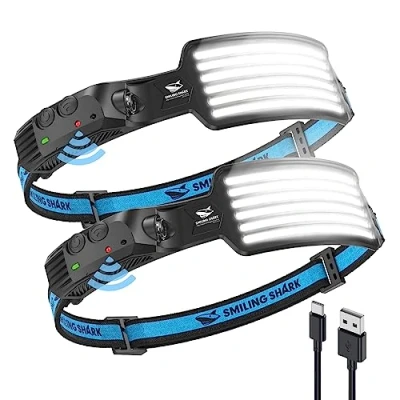 Image de Smiling Shark Lampe Frontale LED, 2 Pièces Angle Large 6*LED Bandes Lumineuses Blanche Headlamps Rechargeable Capteur de Motion Étanche pour Camping