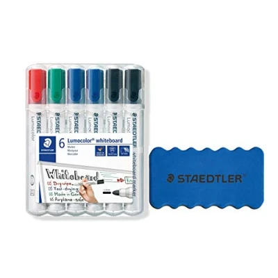 Image de Staedtler Lumocolor 351 WP6 X Marqueur pour tableau blanc (pointe ronde env. Lot de 6 marqueurs 2 mm largeur Qualité supérieure Effaçable à sec et sans laisser traces sur les tableaux