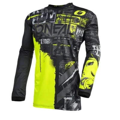 Image de O&#039;NEAL Maillot de Motocross MX Enduro Manches Longues, Protection rembourrée des Coudes, col en V, Tissu Respirant Element Ride pour Homme Adulte Noir/Jaune Fluo Taille L