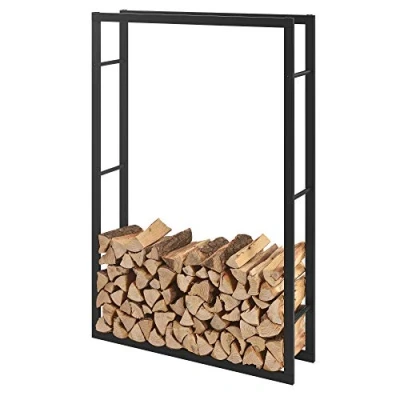 Image de [en.casa] Range Bûches pour Usage Intérieur Extérieur Porte Design Support Rangement Bois de Chauffage Acier Laqué 100 x 25 150 cm Noir