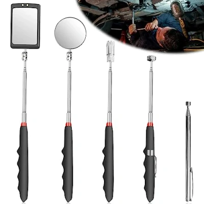 Image de Leikurvo Lot de 5 miroirs d&#039;inspection rétractables : Miroir télescopique, Outil magnétique avec Lampe LED, carré et Rond, poignée 360 kit d&#039;outils Pick up