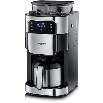 Image de SEVERIN Cafetière avec broyeur intégré 1 000 W, Machine à café programmable minuteur, filtre verseuse isotherme d&#039;une contenance de 8 tasses, Noir/Inox, KA 4814