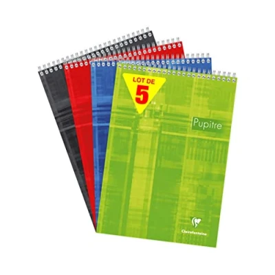 Image de Clairefontaine 8151Cpack Lot de 5 Blocs Pupitre à Spirale en Tête A4 21x29,7 cm 160 Pages Détachables Grands Carreaux Papier Blanc 90 g Couverture Carte Pelliculée Couleurs Aléatoires