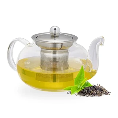 Image de Relaxdays Théière avec Filtre, 600 ML, Verre Borosilicate, Acier Inoxydable, Carafe pour thé Vrac, Transparent/argenté