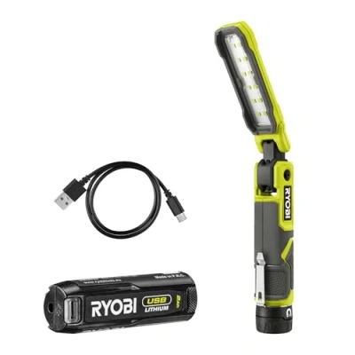 Image de RYOBI Lampe de travail 4V USB Lithium 3 intensités : 500 / 250 100 Lumens Base magnétique Câble C 1 batterie 2,0 Ah RLI4 120G