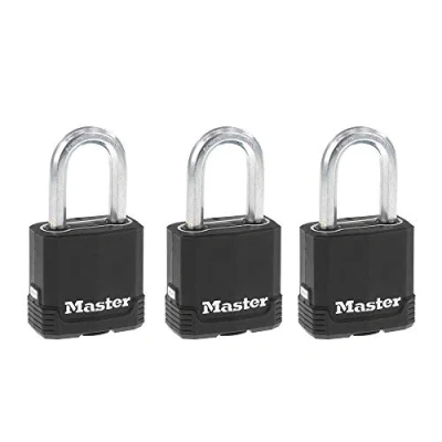 Image de Master Lock M115XTRILFCCSEN Lot de 3 cadenas en acier laminé recouvert magnésium 4,5 cm large, diamètre 1,8 cm, dégagement la manille 3,8 noir et argent