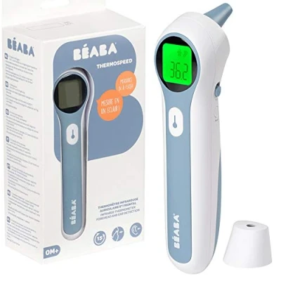 Image de BÉABA FRANCE, Thermomètre Digital Sans Contact Infrarouge, Enfant, Bébé, Adulte, Mesure Frontale, Auriculaire, Ambiante, Lecture Code Couleur, LCD, Alerte Fièvre, Fonction Mémoire, Thermospeed