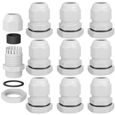 Image de hb digital 10х Presse étoupe M20 pour câble de 6 à 12 mm diamètre IP68 étanche la poussière et l&#039;eau avec joint en caoutchouc, contre écrou, lamelles, isolation d&#039;entrée, blanc