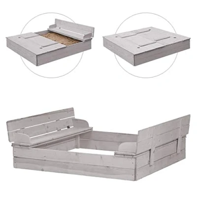 Image de roba Bac à Sable avec Couvercle Convertible en 2 Bancs dossier Bois Massif 127x123x21 Cm Gris