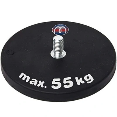 Image de Aimant plat caoutchouté avec goupille filetée Ø 22 88mm Néodyme (NdFeB) Force de 5,8 à 55 kg Base magnétique caoutchouc antiglisse et tige filetée, Taille:Ø M8 x 15 55kg