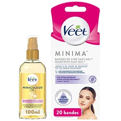 Image de Veet Huile Miraculeuse + Bandes de Cire Froide Minima Epilation Visage x20