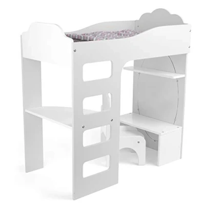 Image de small foot 12025 Mezzanine en Bois avec échelle, Linge de lit, Bureau, Chaise et Miroir pour poupée à partir 3 Ans, Multicolore
