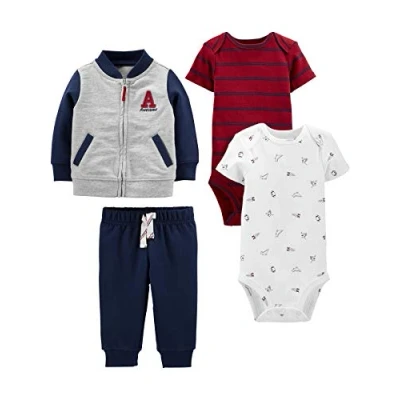 Image de Simple Joys by Carter&#039;s 4 Piece Jacket, Pant, and Bodysuit Set Ensemble Layette, Blanc Motif Sportif/Bleu Marine/Gris/Rouge Rayures, 0 Mois Bébé garçon