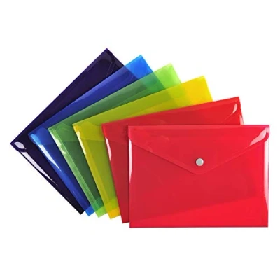 Image de Exacompta Réf. 34440E Carton de 30 pochettes fermeture bouton pression avec rabat En Polypro lisse Dimensions : 23x17cm Format à classer A5 6 couleurs assorties