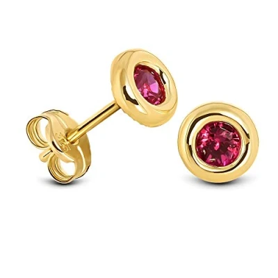 Image de Miore Bijoux pour Femmes Boucles d&#039;Oreilles Solitaires avec Pierre Précieuse/Pierre de Naissance Rubis rouge serti clos Clous d’Oreilles classiques en Or Jaune 9 carats (375) 5.5 x 5,5 mm