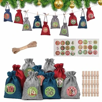 Image de HOOPOE Calendrier de l&#039;Avent à Remplir Soi même,Calendrier Faire même,24 Pièces Sacs en Jute,Calendrier Bricolage DIY,18x 13cm