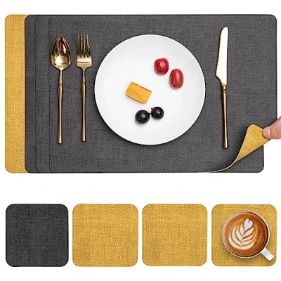 Image de Myir JUN Set de Table en Cuir et Dessous Verre Lot 4, Sets Antidérapant Double Face Plastique Lavable Résiste à la Chaleur (Gris Jaune, 4)