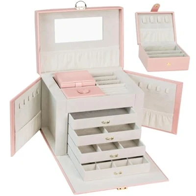 Image de AdelDream Grande boîte à bijoux verrouillable 5 niveaux avec miroir tiroirs pour bagues boucles d&#039;oreilles colliers et bracelets élégante classique Rosa3