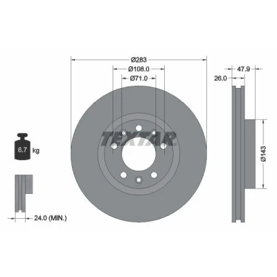 Image de TEXTAR PRO 92267903 Disque de frein 283 26 05/08 108 ventilé l&#039;intérieur revêtu sans boulon fix roue, moyeu roue