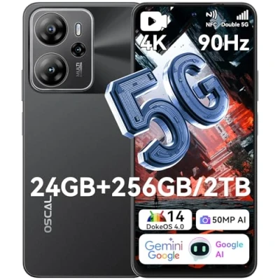 Image de OSCAL Tiger 13 Telephone Portable 5G 24Go+256Go/TF 2To, Smartphone Android 14 Octa Core 90Hz 6,67&quot; HD+ Écran, Téléphone 18W Charge Rapide, AI Caméra 50MP, Dual SIM 4G/NFC/Face ID/GPS/OTG Noir