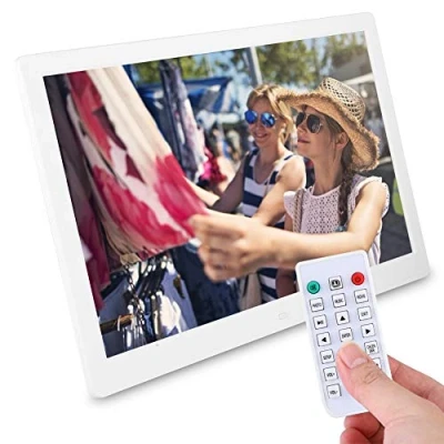 Image de Cadre Photo Numérique 15,4 Pouces, 1280 * 800 Grand Écran avec Télécommande, Automatique/Photo/Musique/Lecteur vidéo/Horloge/Calendrier,Prise en Charge USB et Carte SD