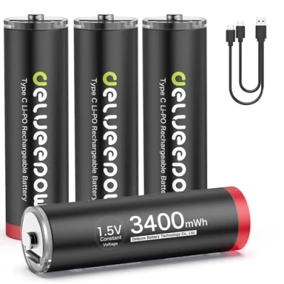 Image de Delyeepow Pile Rechargeable AA 1,5V Lithium 3400mWh de Haute capacité,Pile USB C 4 Piles 1500 Cycle