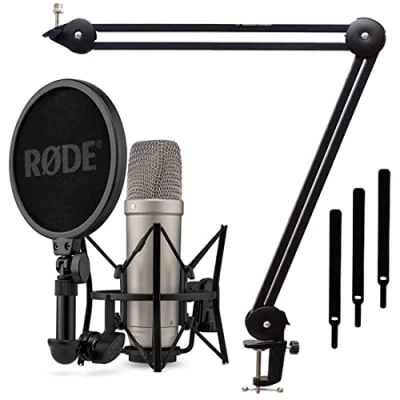 Image de Rode NT1 5ème génération XLR USB Microphone de studio argenté + trépied à bras articulé Keepdrum MS138 BK Noir