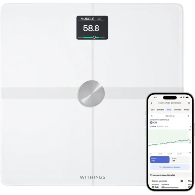 Image de WITHINGS Body Smart Balance connectée avec composition corporelle avancée (Poids, Masse grasse/Musculaire/Osseuse, Eau, Indice de graisse viscérale), pèse personne WiFi et Bluetooth