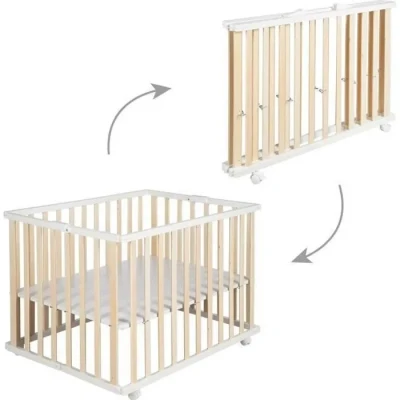 Image de roba Parc Pliant en Bois Aire de Jeux 74x100 cm Pliable Rectangulaire peu Encombrant Roulettes Incluses Bicolore
