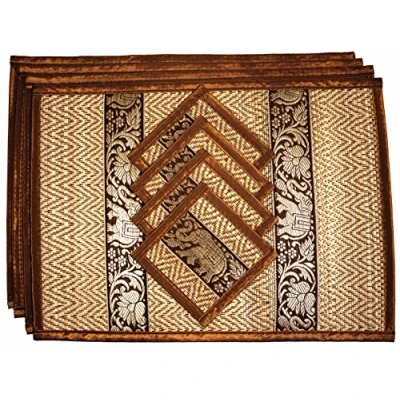Image de Ensemble de Sets Table et Dessous Verre en Osier tressé à la Main Résistant Chaleur Style thaïlandais Parfait pour décoration Manger Lot 4 (Moyen Or foncé)