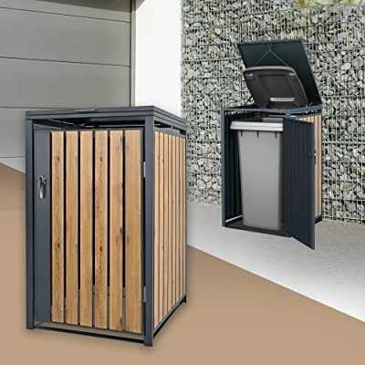Image de ML Design Box pour 1 Poubelle, 240L, 68x80x116,3 cm, en Acier, Anthracite/Aspect Chêne, Résistant aux Intempéries, Habillage de Poubelle avec Couvercle Rabattable/Porte, Conteneur Abri Hangar