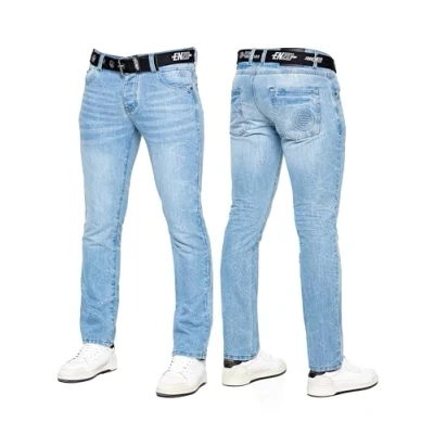 Image de 989Zé ENZO Jean classique coupe droite décontractée en coton pour homme avec ceinture, bleu clair, 32 W /30 L