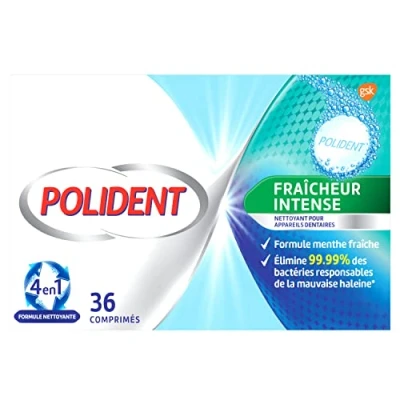 Image de Polident Nettoyant Quotidien, Pour Prothèses Dentaires Partielles ou Complètes,Fraîcheur Intense, 36 Comprimés