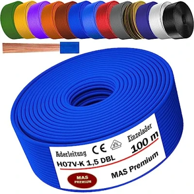 Image de Câble conducteur H07 V K de 5 à 100 m 1 x 1,5 mm² Noir bleu clair vert/jaune vert rouge foncé marron orange gris blanc violet outremer ou jaune Fil simple flexible (bleu foncé, m)