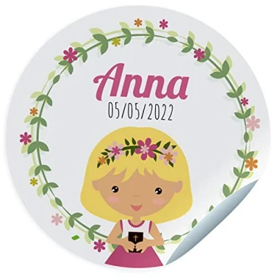 Image de 24 vignettes de communion. Autocollants personnalisés avec nom et date pour les cadeaux. Taille 45mm/60mm/70mm diamètre. Ne convient pas aux vêtements. (Fille blonde)