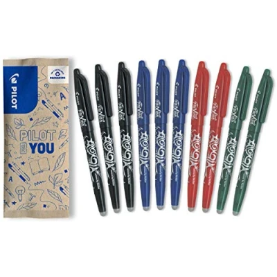 Image de PILOT Lot de 10 Frixion Ball Stylo effaçable à encre thermosensible roller rechargeable fabriqué partir plastique recyclé 3 Bleus, 2 Rouges, Verts, Noirs Pointe moyenne
