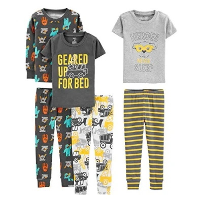 Image de Simple Joys by Carter&#039;s 6 Piece Snug Fit Cotton Pajama Set Ensemble de Pijama, Blanc Camions/Gris Foncé Monstre/Gris Personnages Héros/Rayures, 3 Ans (Lot 3) Bébé Garçon
