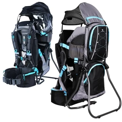 Image de DROMADER Porte Bebe Randonnée Confortable Bébé Dorsal jusqu&#039;à 22kg Sac à Dos avec Poche Isolante, Pare Soleil et Protection Pluie Noir Bleu