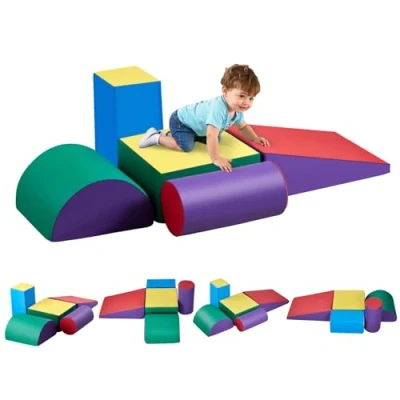 Image de VEVOR Jouets d&#039;escalade, 5 pièces, blocs d&#039;escalade en mousse pour tout petits de 6 mois à 3 ans, cuir PU, jeu d&#039;activités intérieur ramper, grimper et glisser, facile nettoyer