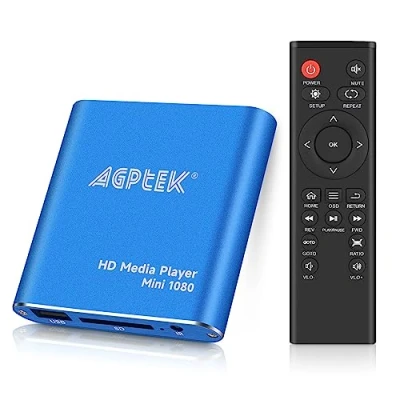 Image de AGPTEK Mini 1080P Full HD Ultra HDMI pour Lecteurs MKV / RM HDD USB, Lecteur multimédia avec Télécommande MP3, WMA, OGG, AAC, plate, Ape, AC3, DTS, Atra (Bleu)