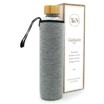 Image de T&amp;N Bouteille En verre de 750 ml Gourde 0,75l avec housse néoprène d&#039;eau anti fuite borosilicate plus épais pour boissons gazeuses Utilisation comme carafe