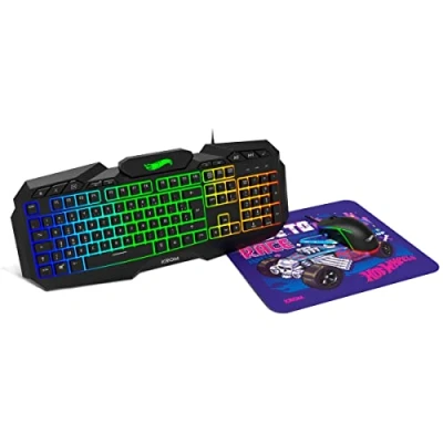 Image de KROM Kit clavier, souris et Tapis de Hot Wheels edition KUSTOM Clavier à membrane RGB, 7200 DPI, en tissu doux résistant, Français, noir